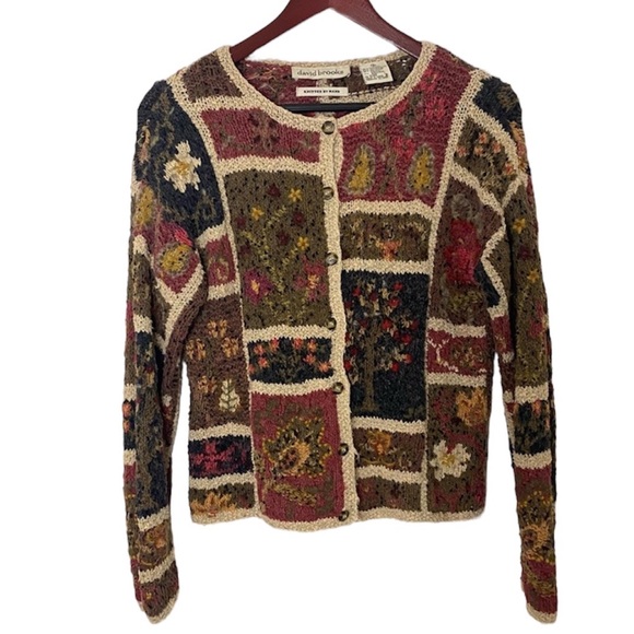 Vintage 90's Handmade Patchwork Jewelneck Button Down Cardigan in Maroon Silk - Picture 1 of 5